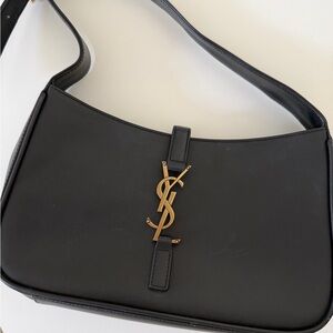 Saint Laurent Black Leather Shoulder Bag with Gold YSL Emblem